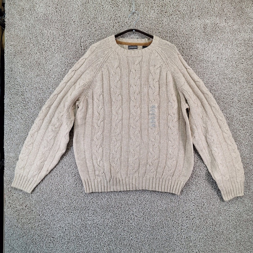 St John's Bay Sweater Mens Large Oatmeal Soft Touch Cable Knit Preppy Cozy NWT
